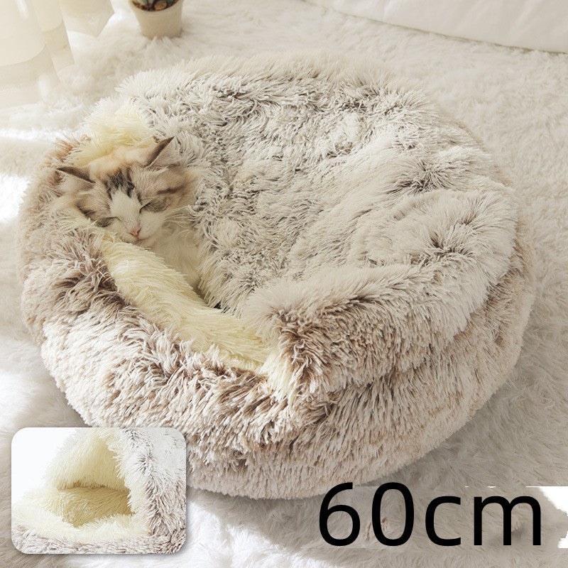 Letto 2-in-1 per cani e gatti, letto invernale per animali domestici, letto rotondo in peluche caldo, casa morbida in peluche lungo, letto per animali domestici, prodotti per animali